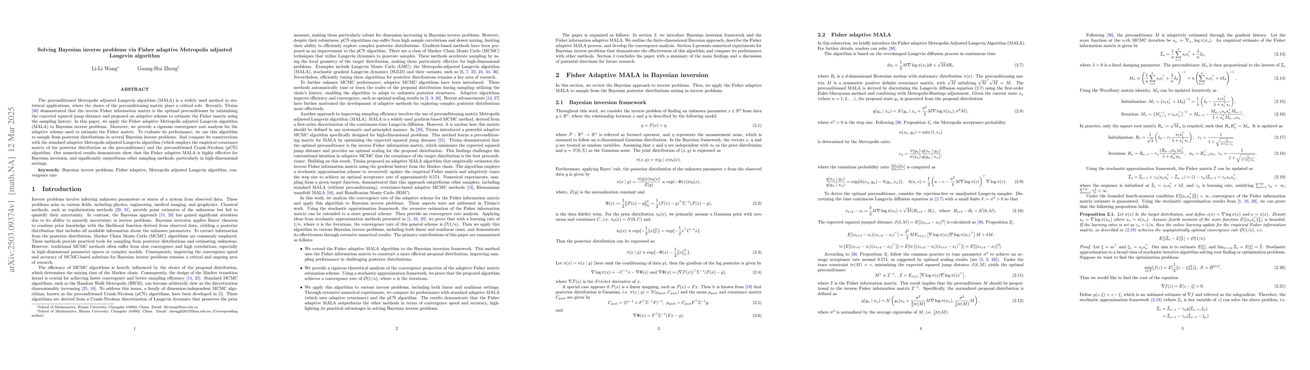 Thumbnail for Solving Bayesian inverse problems via Fisher adaptive Metropolis
  adjusted Langevin algorithm