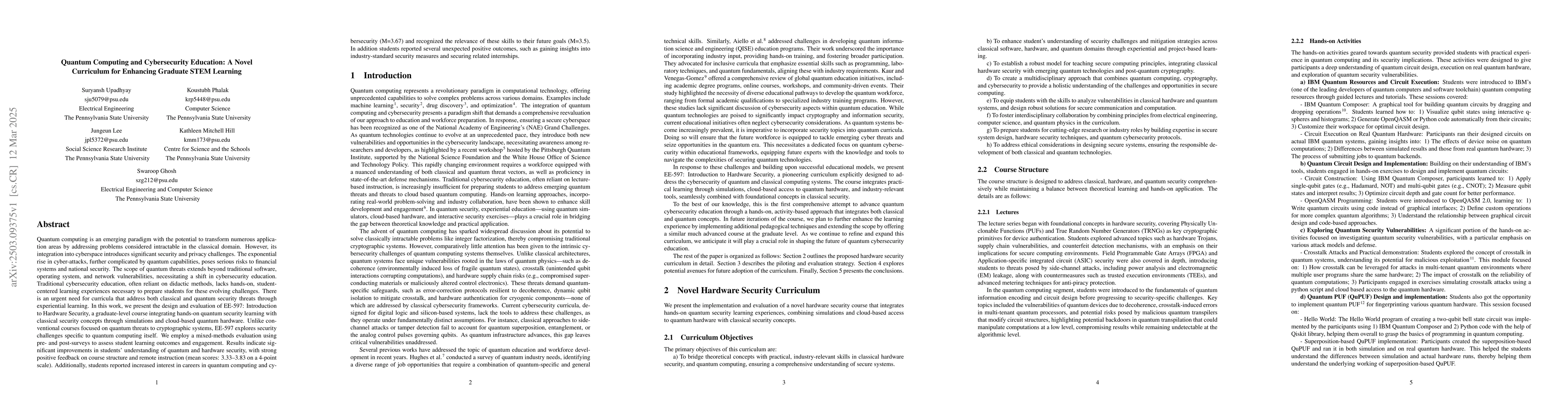 Thumbnail for Quantum Computing and Cybersecurity Education: A Novel Curriculum for
  Enhancing Graduate STEM Learning