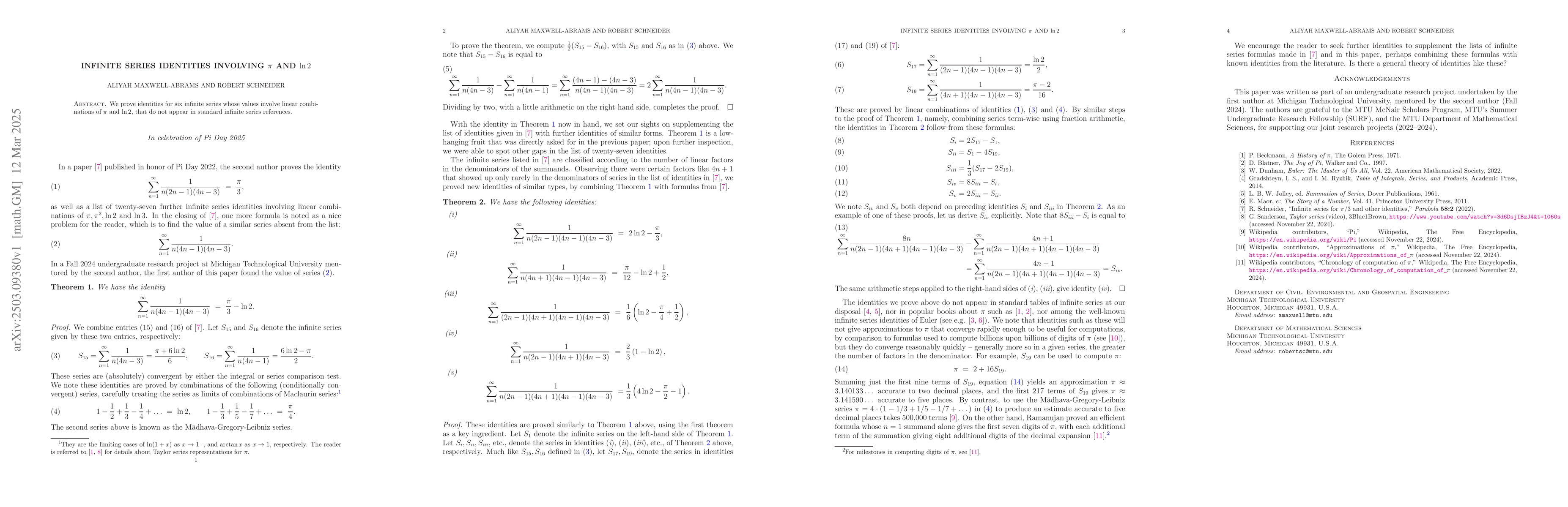 Thumbnail for Infinite series identities involving $π$ and $\ln 2$
