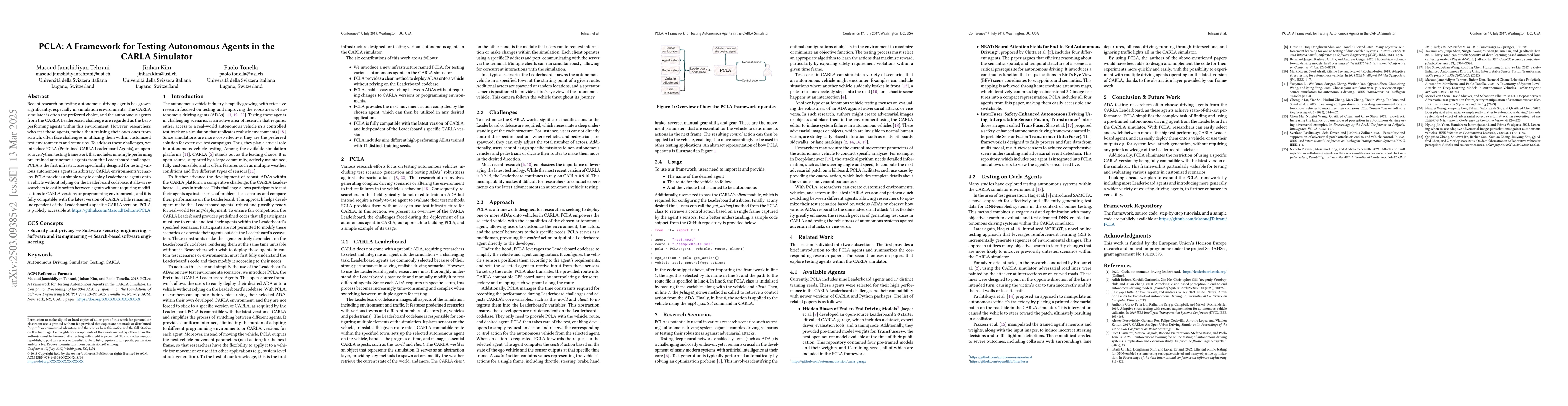 Thumbnail for PCLA: A Framework for Testing Autonomous Agents in the CARLA Simulator
