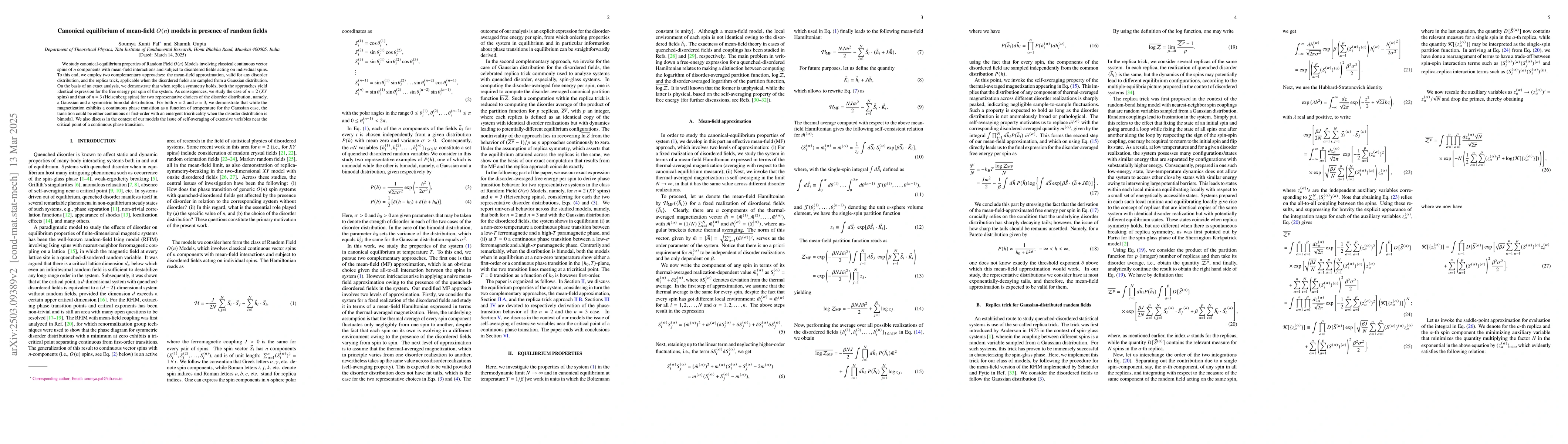 Thumbnail for Canonical equilibrium of mean-field $O(n)$~models in presence of random
  fields