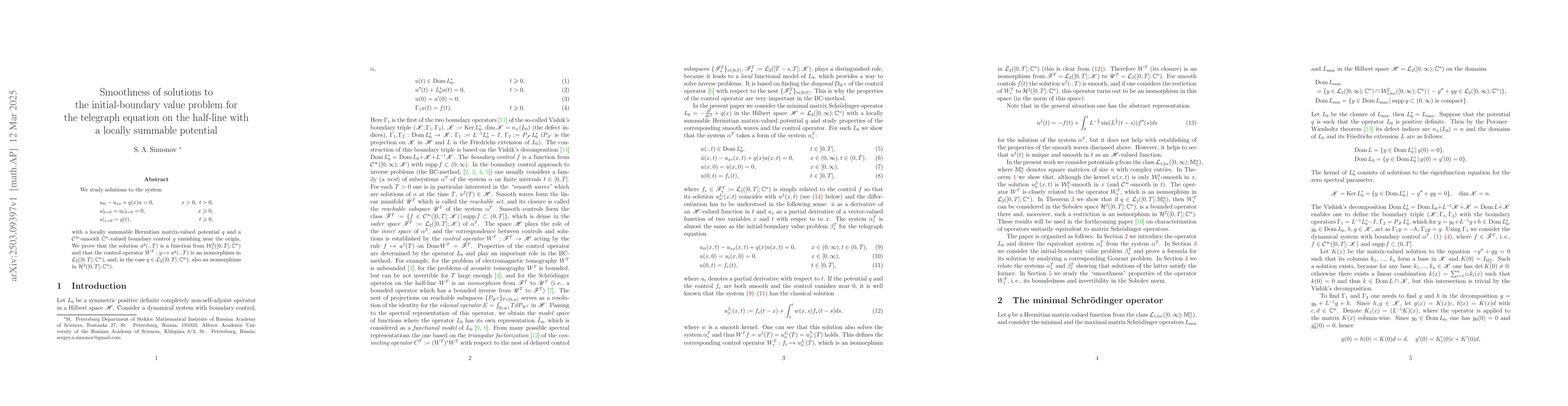 Thumbnail for Smoothness of solutions to the initial-boundary value problem for the
  telegraph equation on the half-line with a locally summable potential