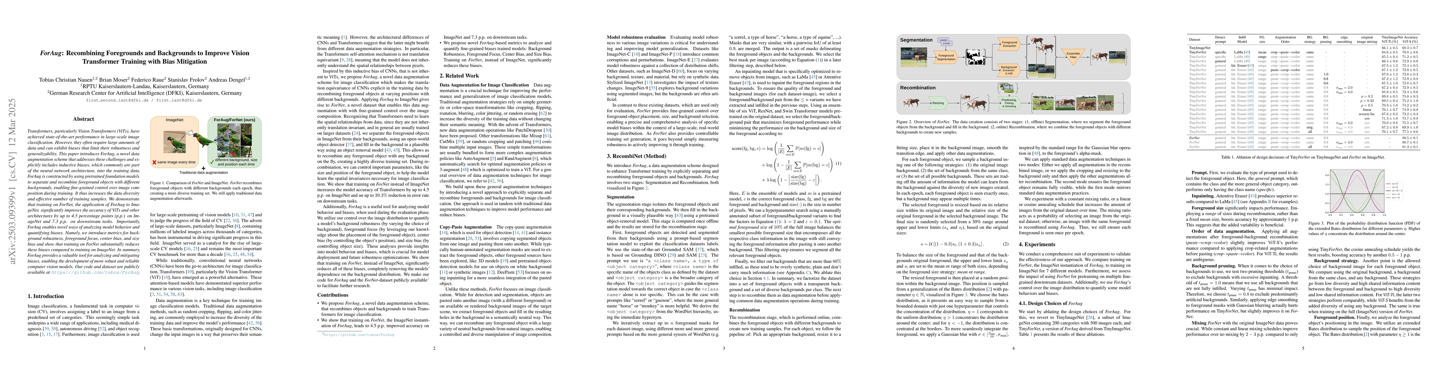 Thumbnail for ForAug: Recombining Foregrounds and Backgrounds to Improve Vision
  Transformer Training with Bias Mitigation