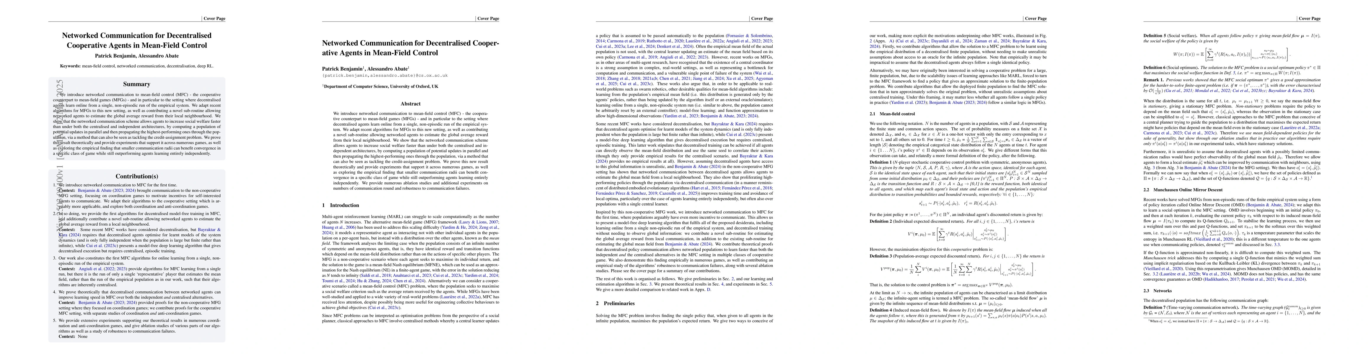 Thumbnail for Networked Communication for Decentralised Cooperative Agents in
  Mean-Field Control