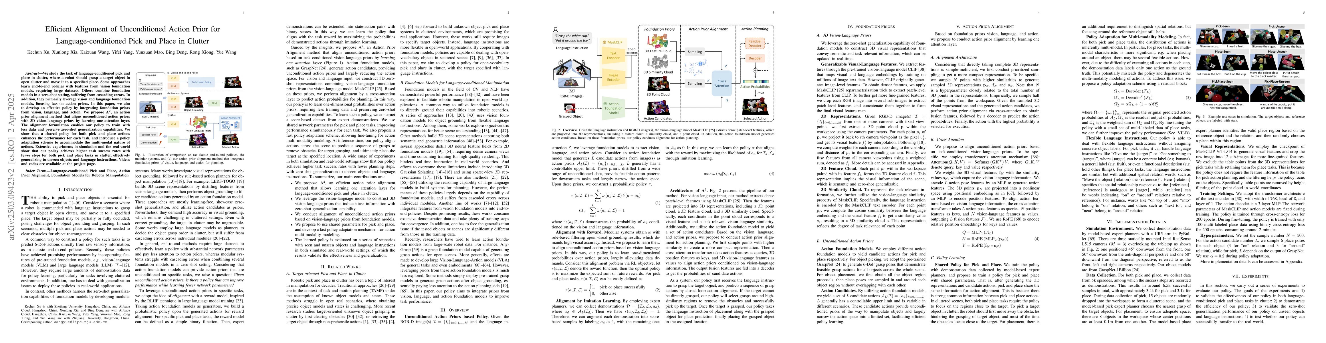 Thumbnail for Efficient Alignment of Unconditioned Action Prior for
  Language-conditioned Pick and Place in Clutter