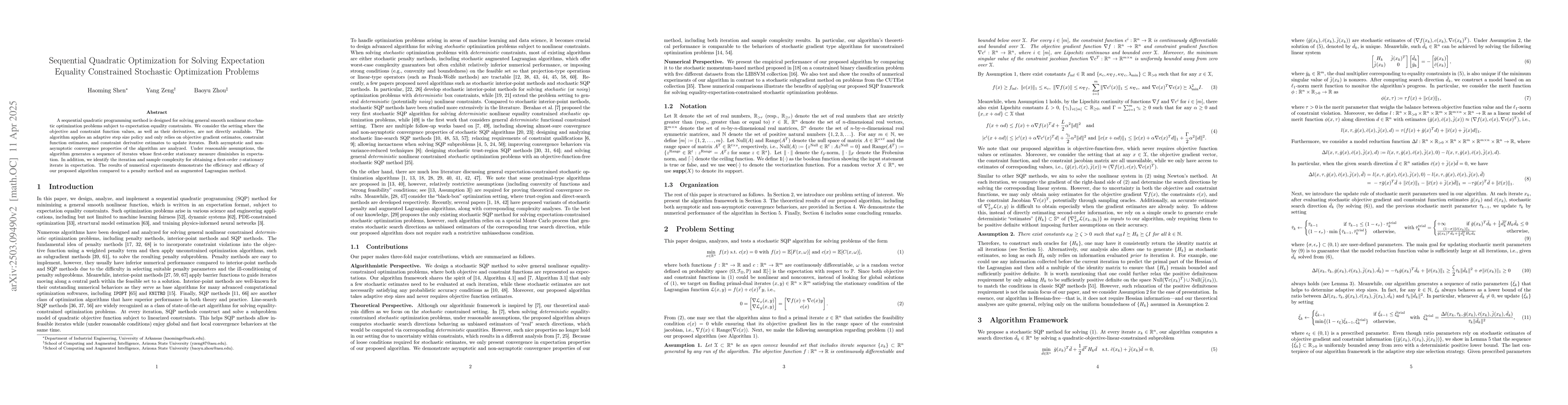 Thumbnail for Sequential Quadratic Optimization for Solving Expectation Equality
  Constrained Stochastic Optimization Problems