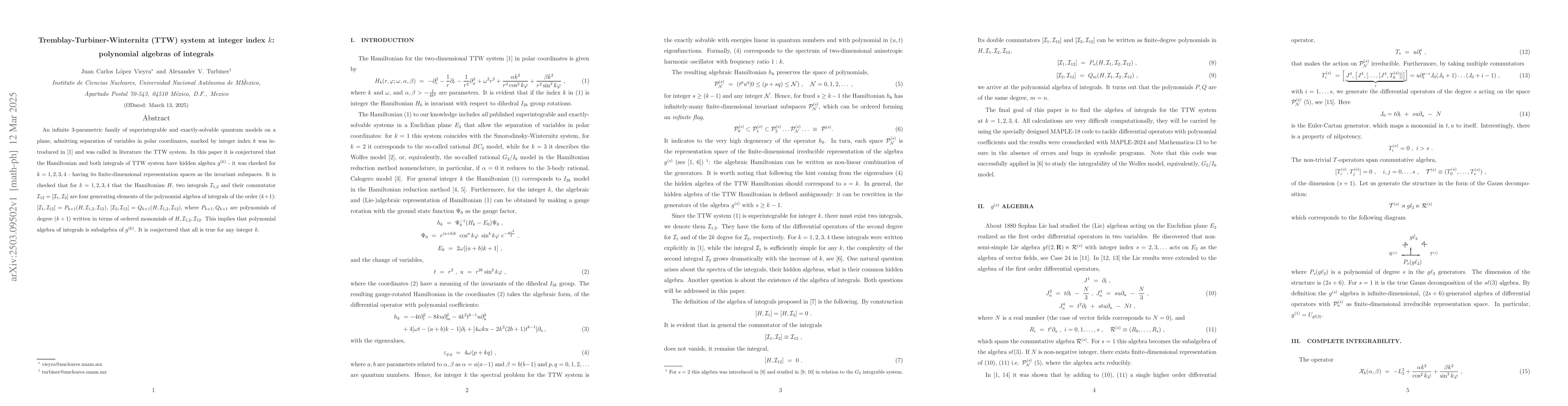 Thumbnail for Tremblay-Turbiner-Winternitz (TTW) system at integer index $k$:
  polynomial algebras of integrals