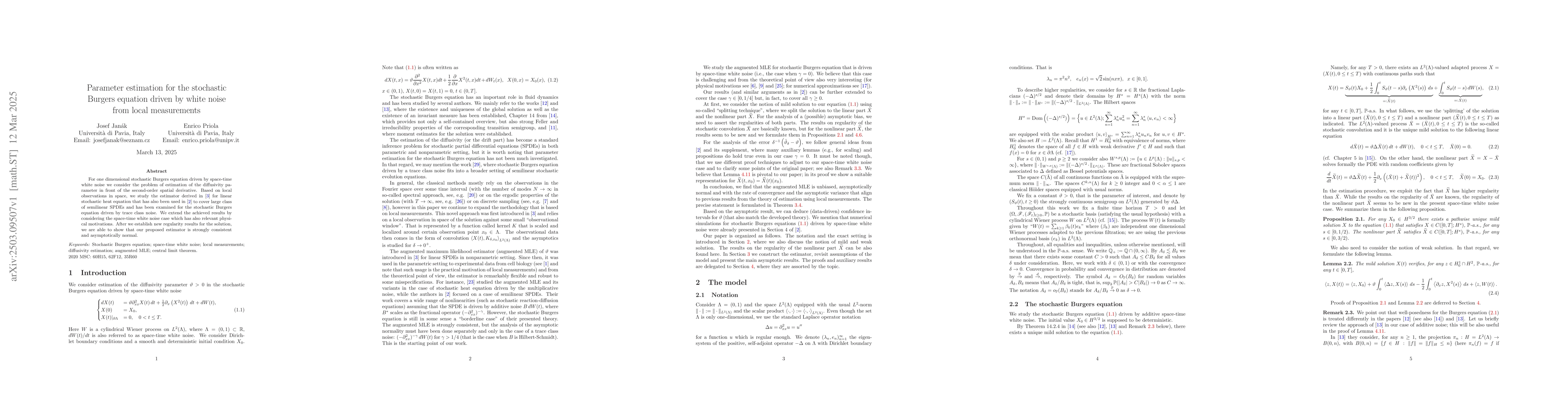 Thumbnail for Parameter estimation for the stochastic Burgers equation driven by white
  noise from local measurements