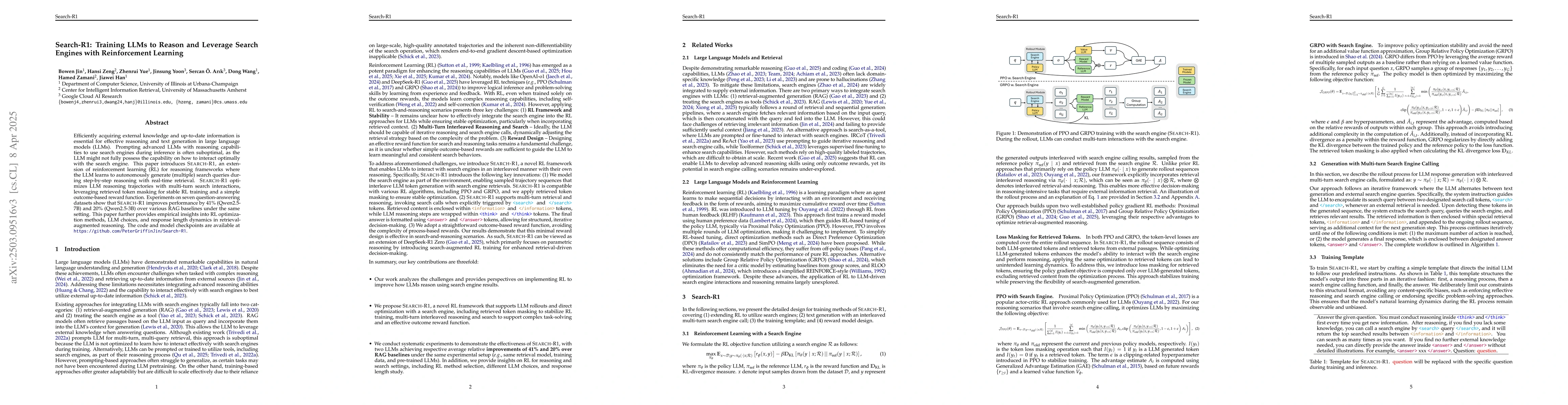 Thumbnail for Search-R1: Training LLMs to Reason and Leverage Search Engines with
  Reinforcement Learning
