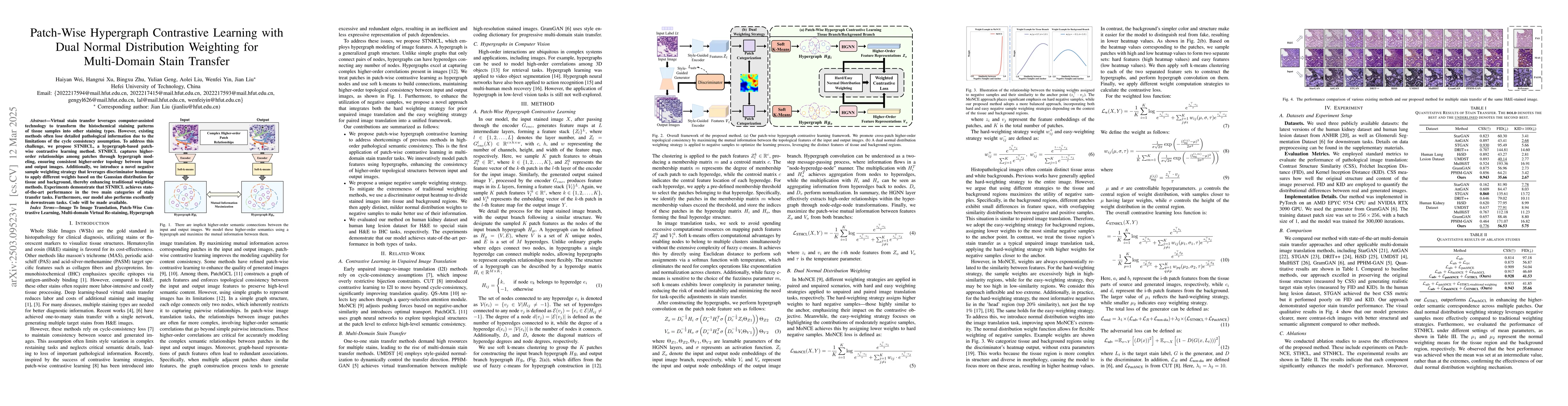 Thumbnail for Patch-Wise Hypergraph Contrastive Learning with Dual Normal Distribution
  Weighting for Multi-Domain Stain Transfer