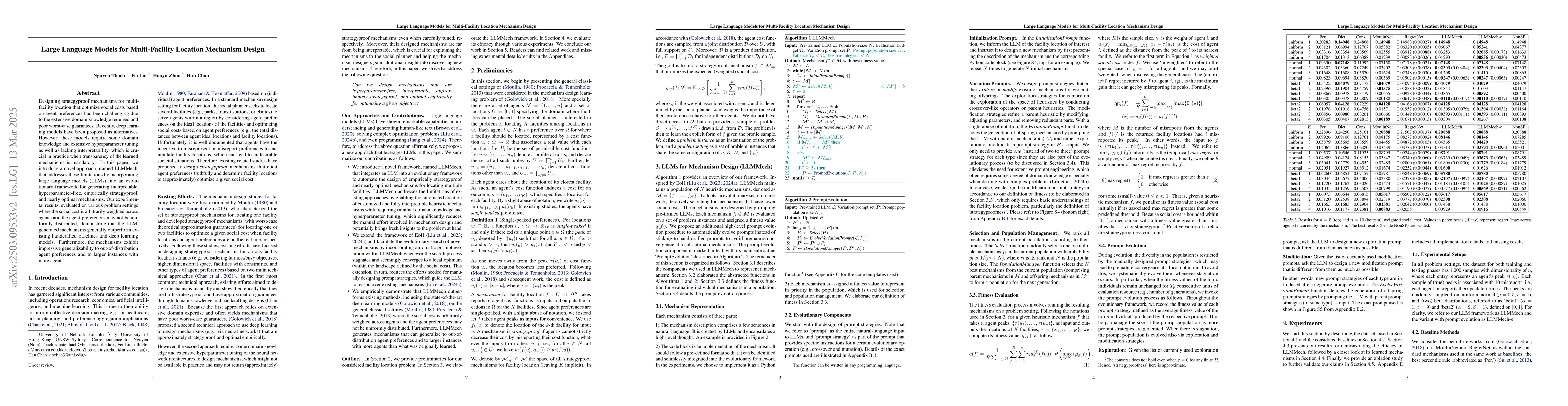 Thumbnail for Large Language Models for Multi-Facility Location Mechanism Design