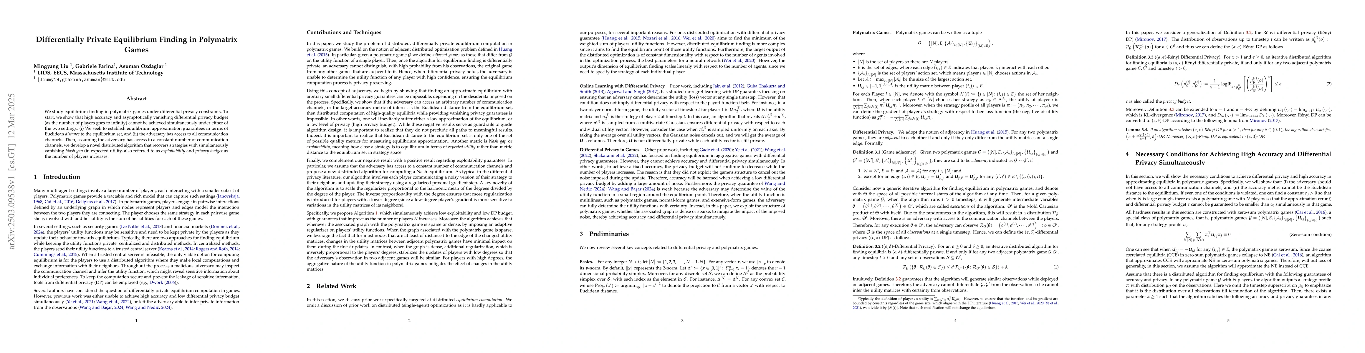 Thumbnail for Differentially Private Equilibrium Finding in Polymatrix Games