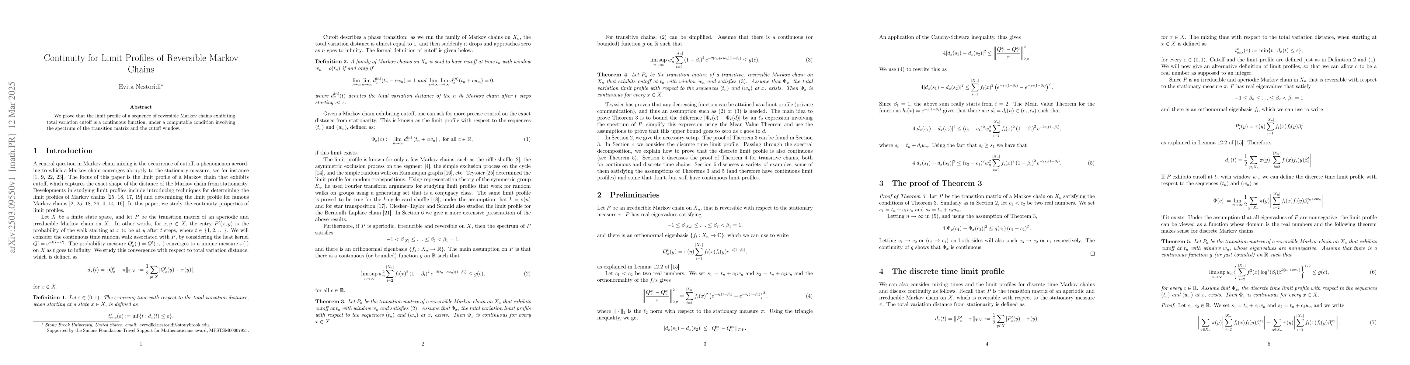 Thumbnail for Continuity for Limit Profiles of Reversible Markov Chains