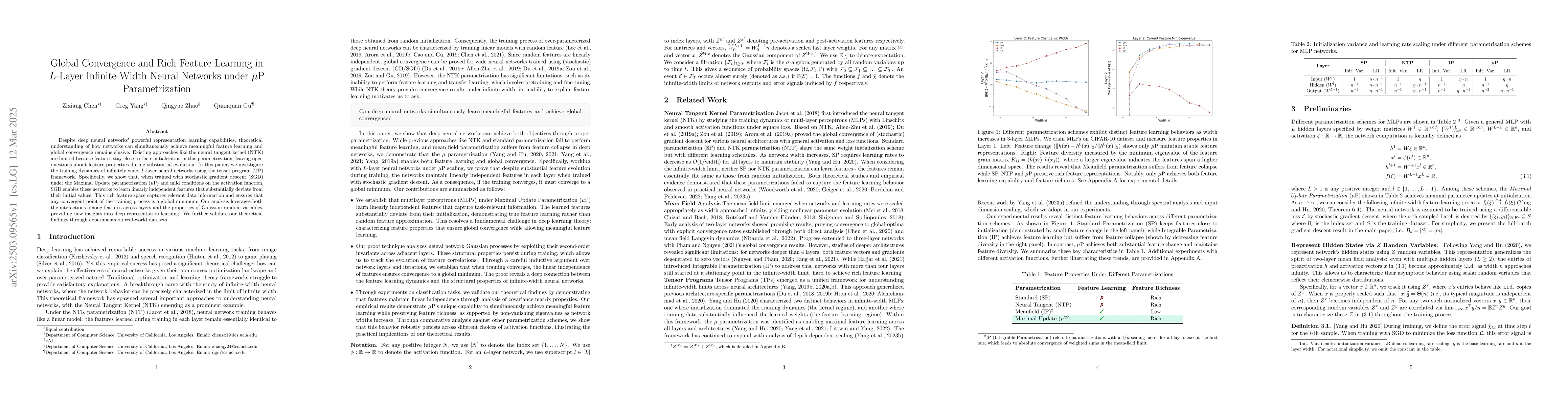 Thumbnail for Global Convergence and Rich Feature Learning in $L$-Layer Infinite-Width
  Neural Networks under $μ$P Parametrization