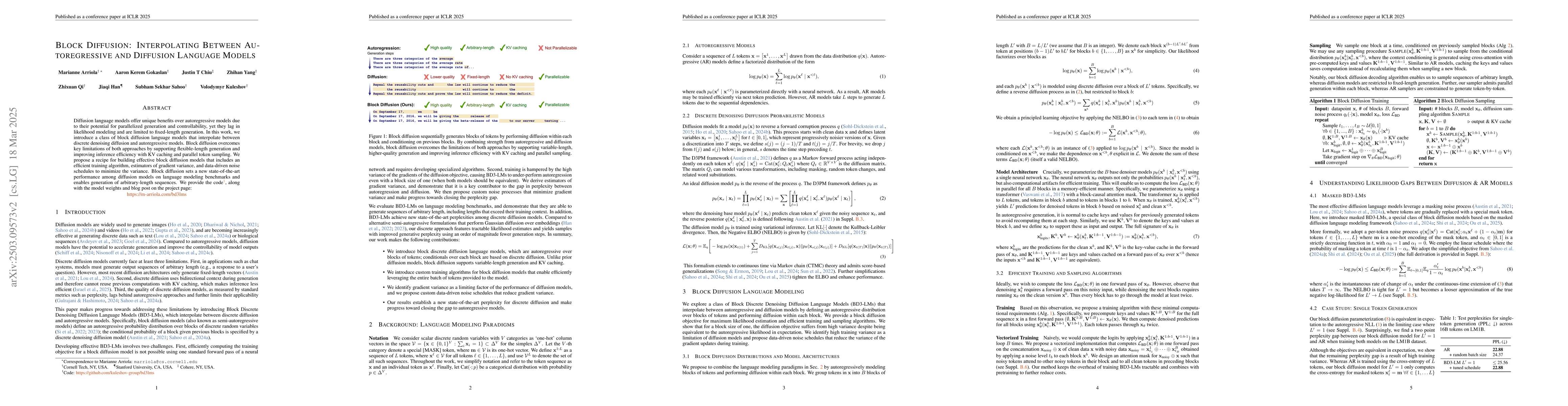 Thumbnail for Block Diffusion: Interpolating Between Autoregressive and Diffusion
  Language Models