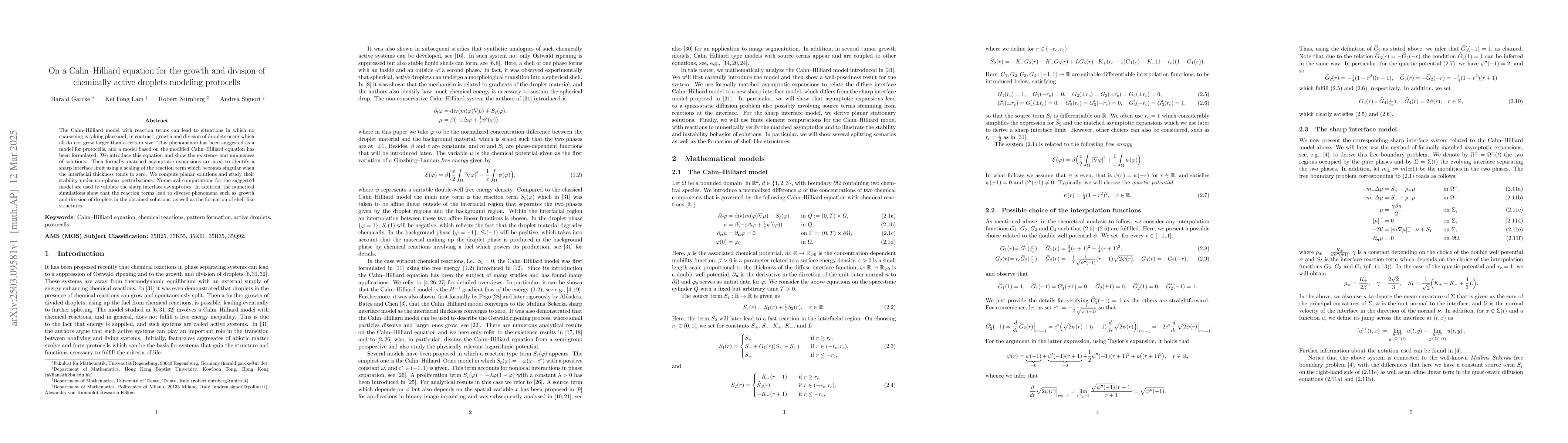 Thumbnail for On a Cahn-Hilliard equation for the growth and division of chemically
  active droplets modeling protocells