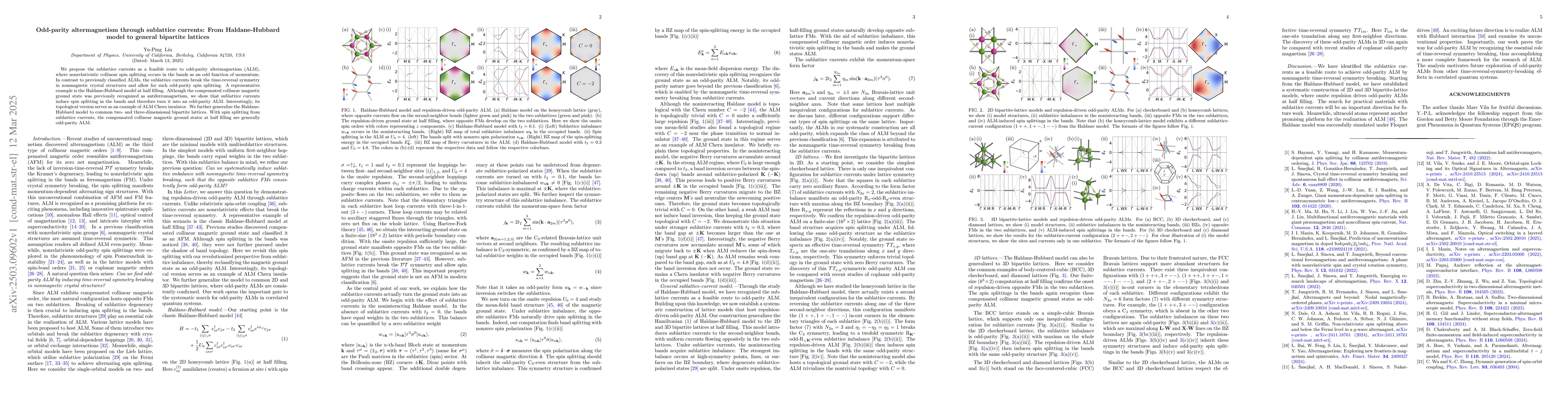 Thumbnail for Odd-parity altermagnetism through sublattice currents: From
  Haldane-Hubbard model to general bipartite lattices