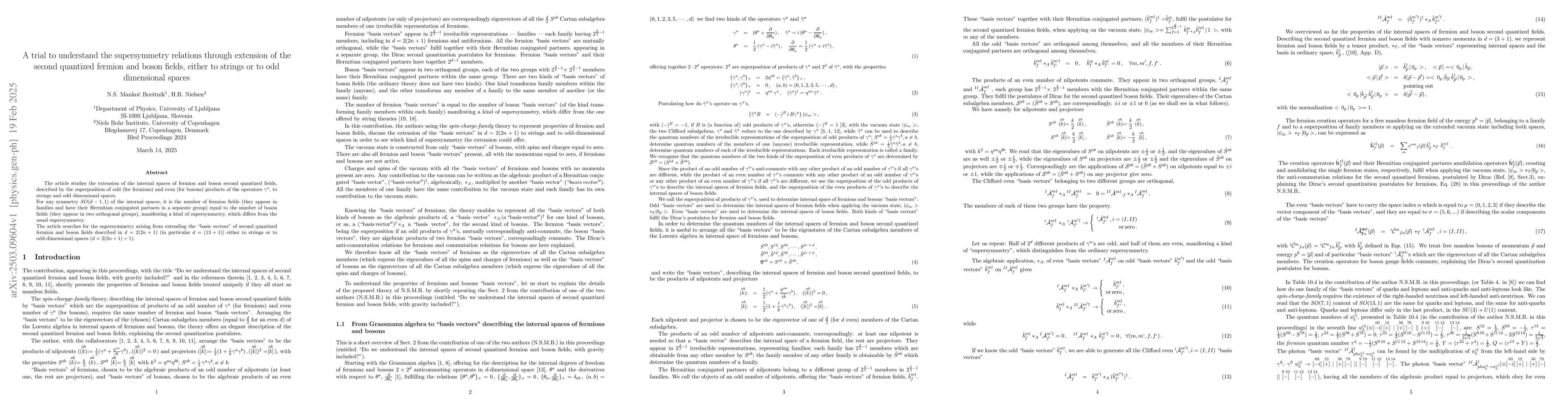 Thumbnail for A trial to understand the supersymmetry relations through extension of
  the second quantized fermion and boson fields, either to strings or to odd
  dimensional spaces