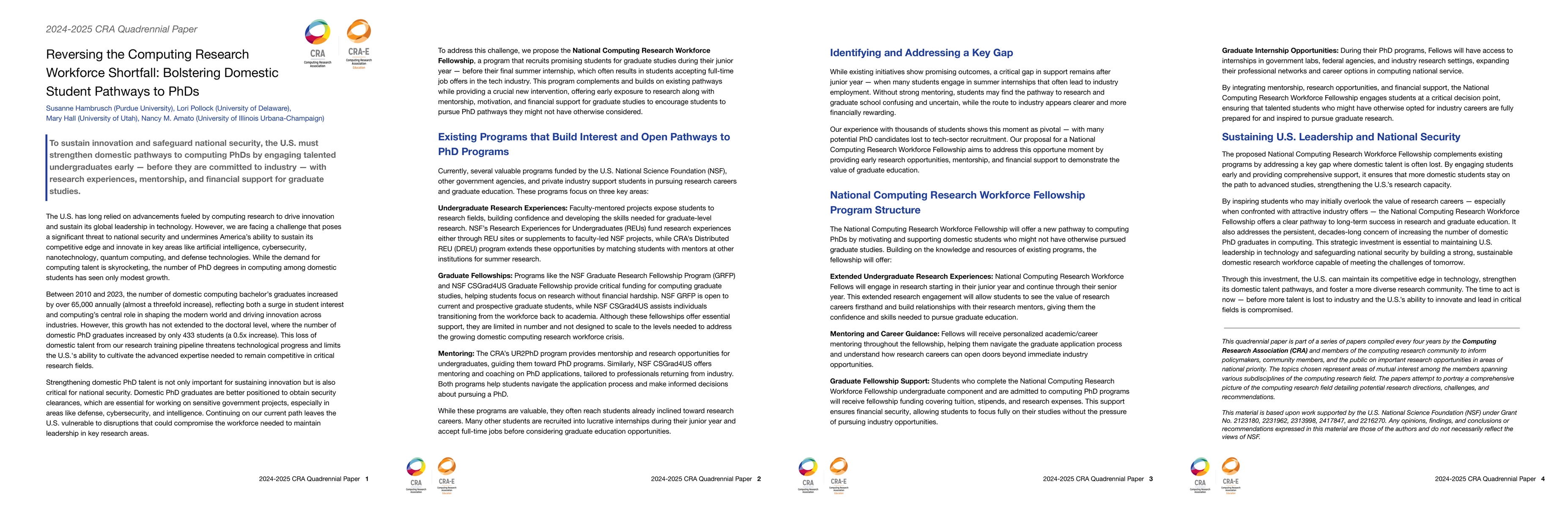 Thumbnail for Reversing the Computing Research Workforce Shortfall: Bolstering
  Domestic Student Pathways to PhDs