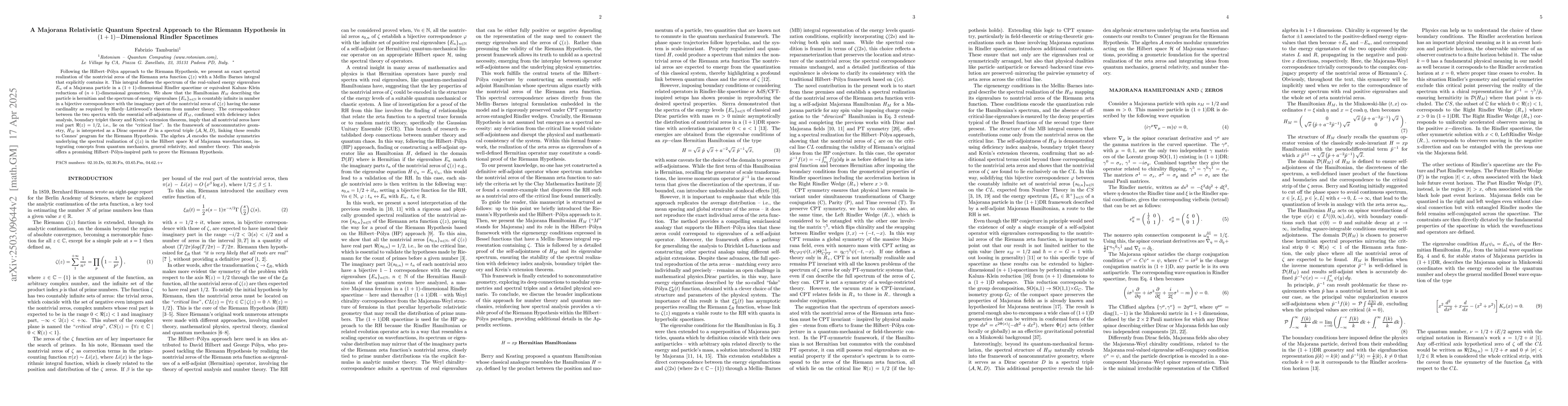Thumbnail for A Majorana Relativistic Quantum Spectral Approach to the Riemann
  Hypothesis in (1+1)-Dimensional Rindler Spacetimes