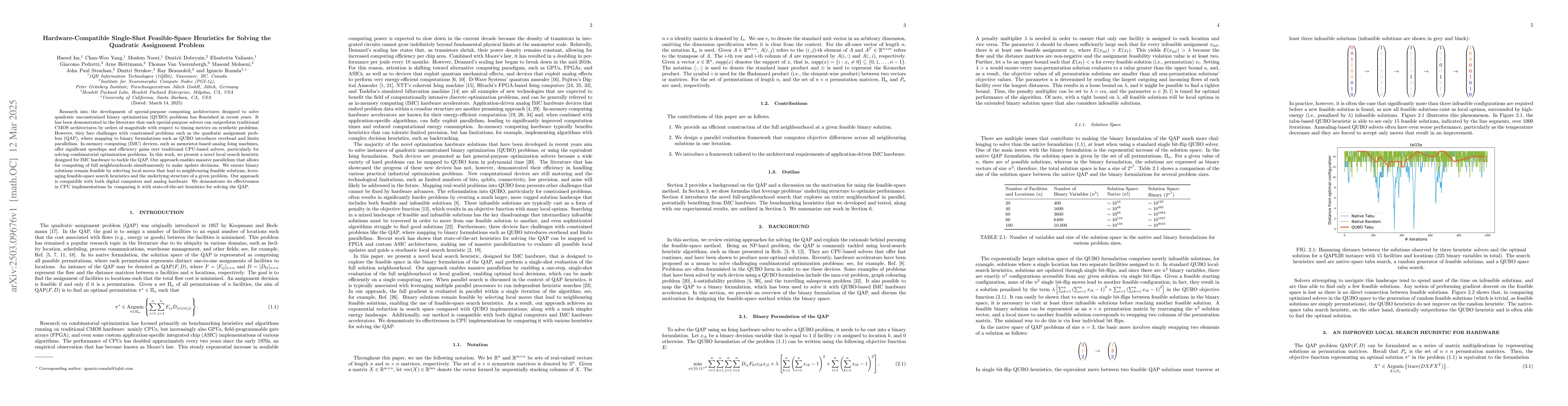 Thumbnail for Hardware-Compatible Single-Shot Feasible-Space Heuristics for Solving
  the Quadratic Assignment Problem