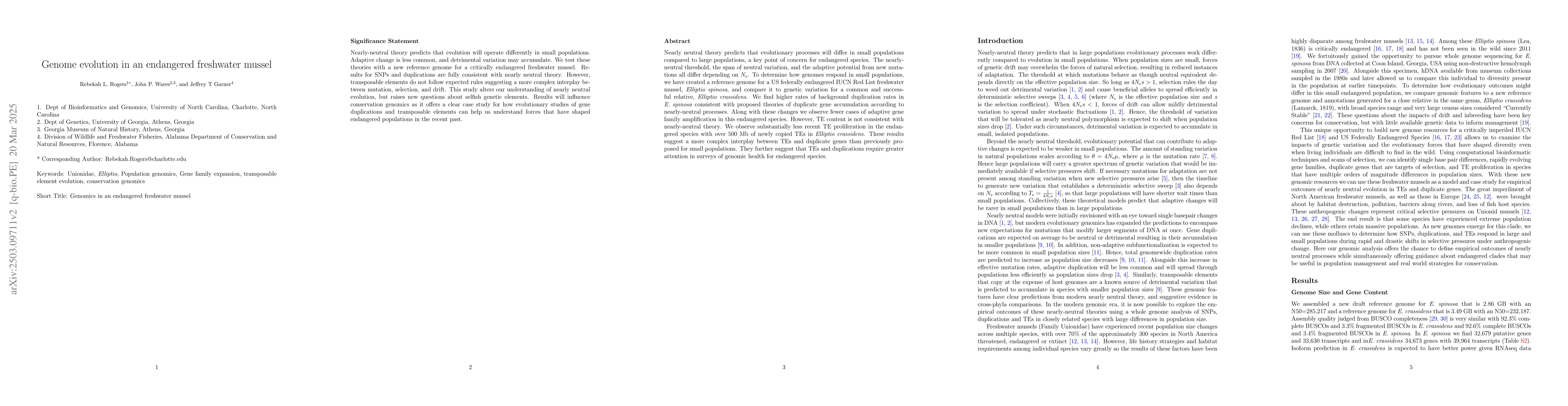 Thumbnail for Genome evolution in an endangered freshwater mussel