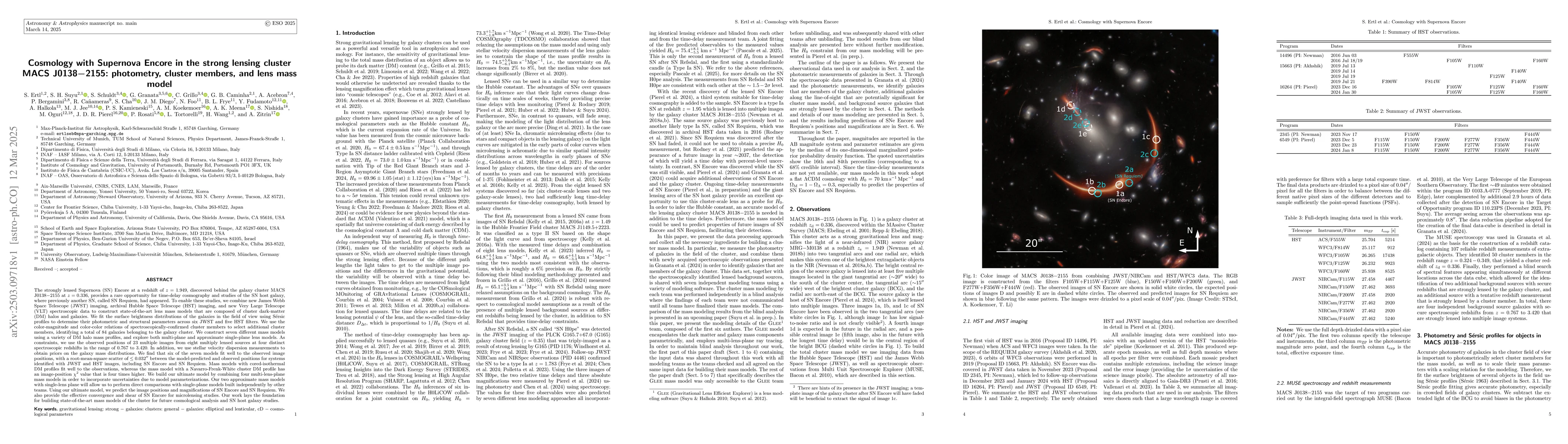 Thumbnail for Cosmology with Supernova Encore in the strong lensing cluster MACS
  J0138$-$2155: photometry, cluster members, and lens mass model