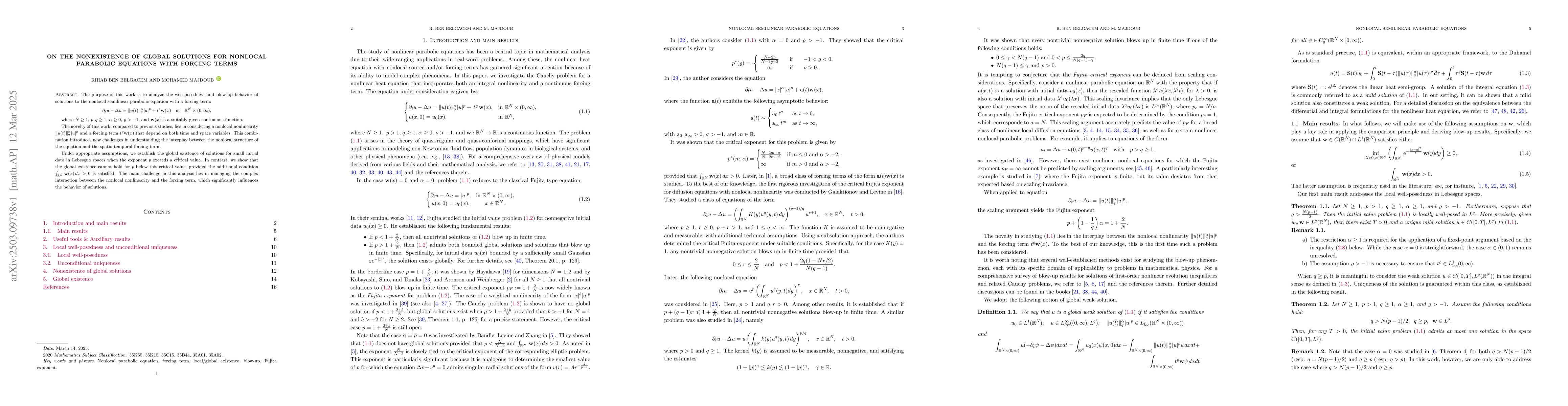 Thumbnail for On the Nonexistence of Global Solutions for Nonlocal Parabolic Equations
  with Forcing Terms