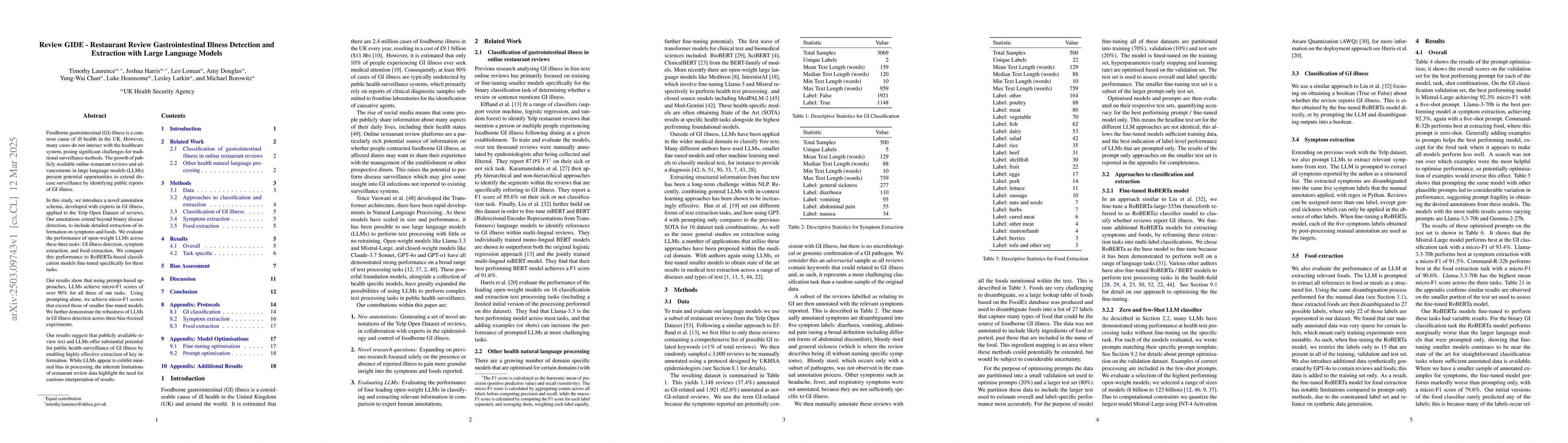 Thumbnail for Review GIDE -- Restaurant Review Gastrointestinal Illness Detection and
  Extraction with Large Language Models