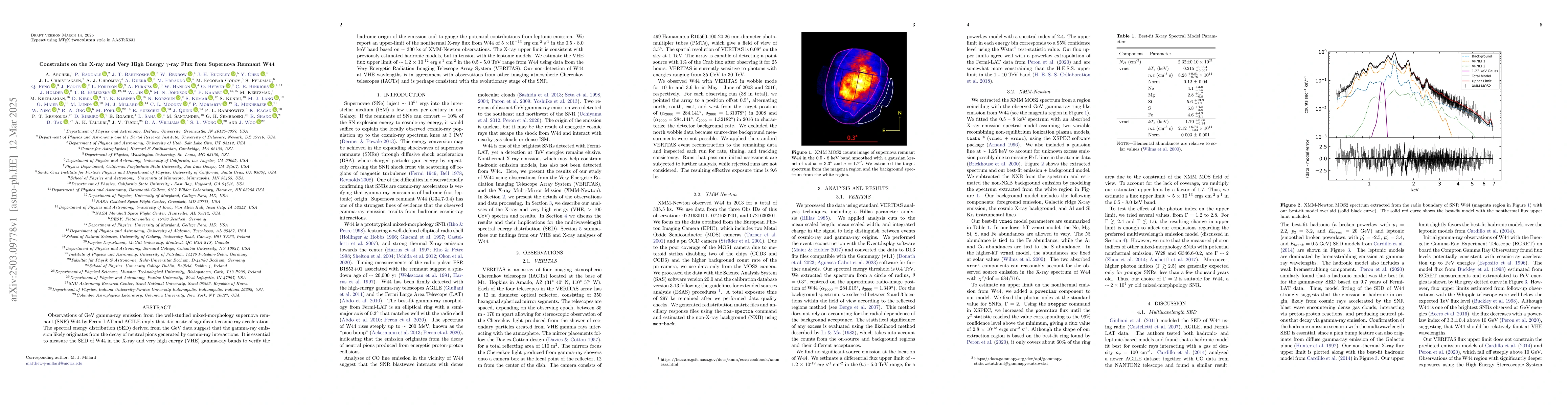 Thumbnail for Constraints on the X-ray and Very High Energy $γ$-ray Flux from
  Supernova Remnant W44