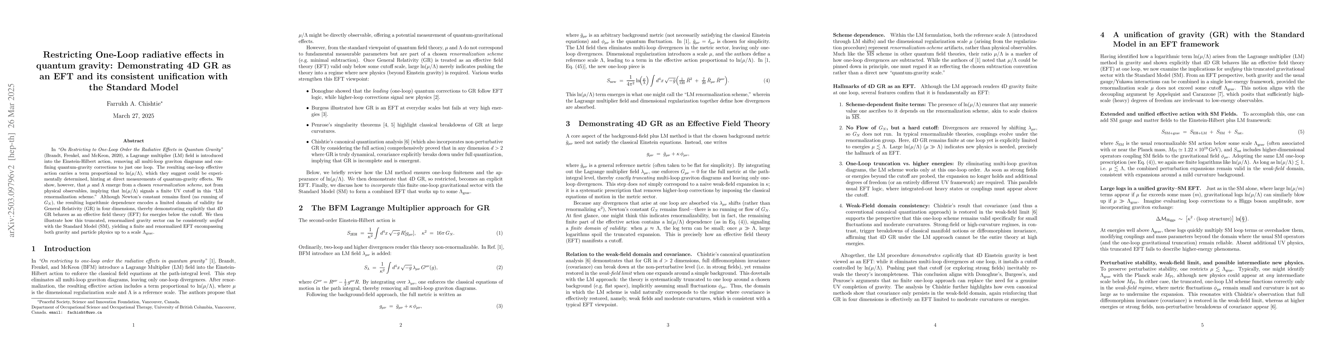 Thumbnail for Restricting One-Loop radiative effects in quantum gravity: Demonstrating
  4D GR as an EFT and its consistent unification with the Standard Model