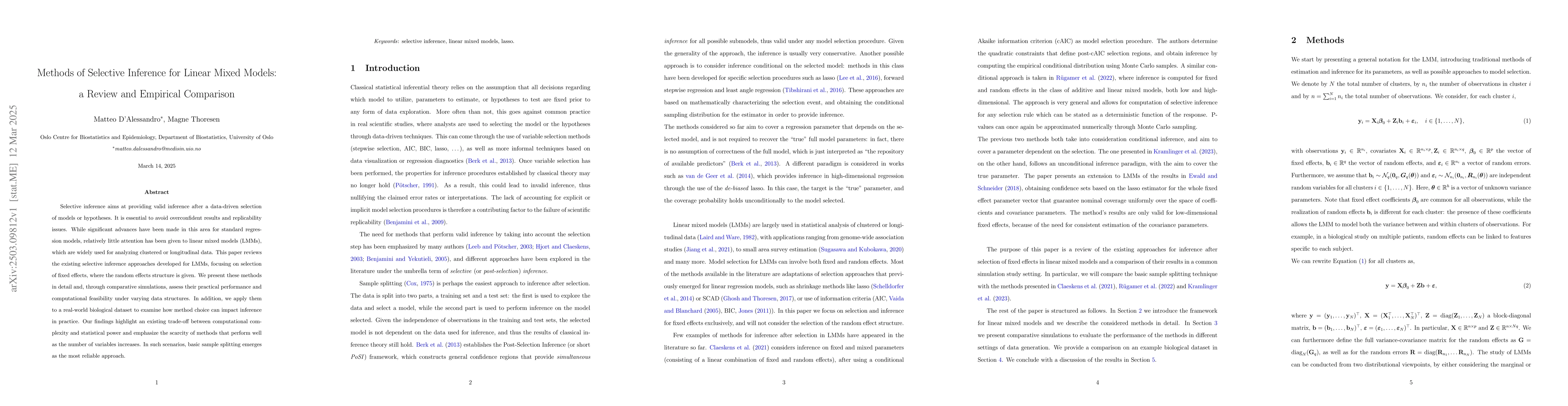 Thumbnail for Methods of Selective Inference for Linear Mixed Models: a Review and
  Empirical Comparison