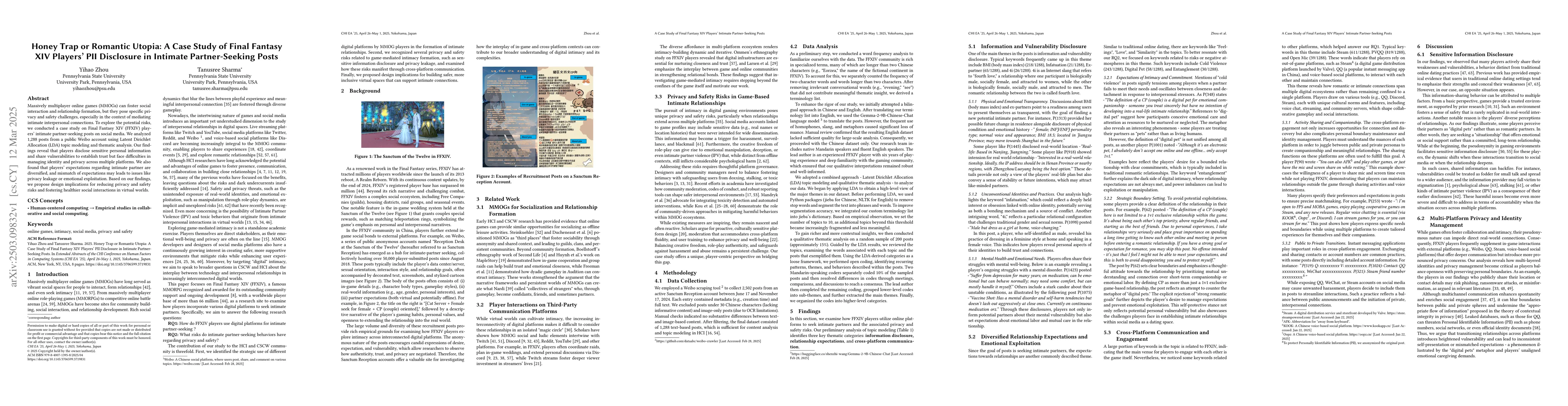 Thumbnail for Honey Trap or Romantic Utopia: A Case Study of Final Fantasy XIV Players
  PII Disclosure in Intimate Partner-Seeking Posts