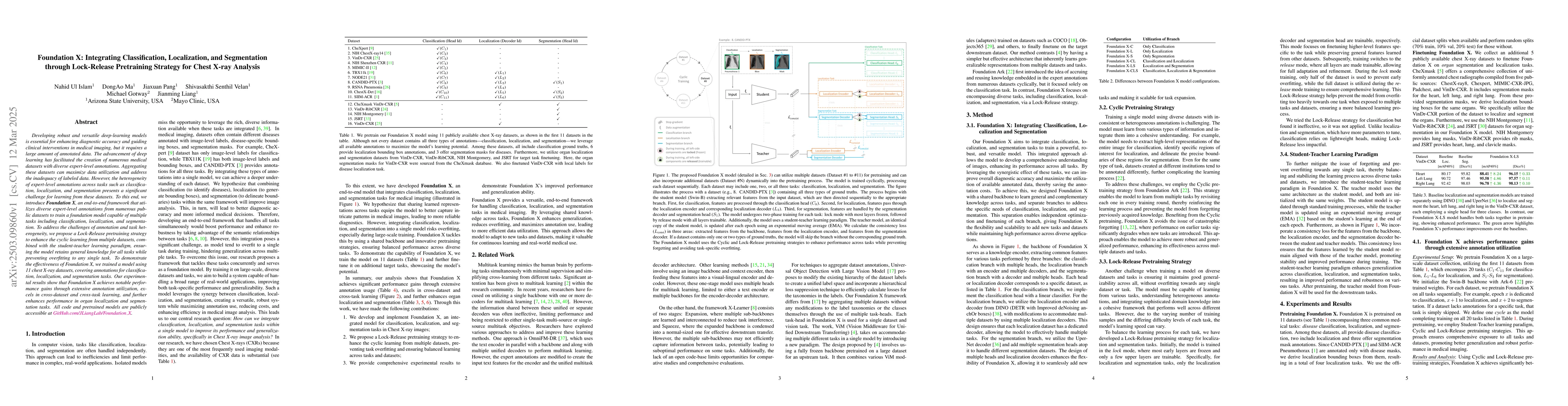Thumbnail for Foundation X: Integrating Classification, Localization, and Segmentation
  through Lock-Release Pretraining Strategy for Chest X-ray Analysis