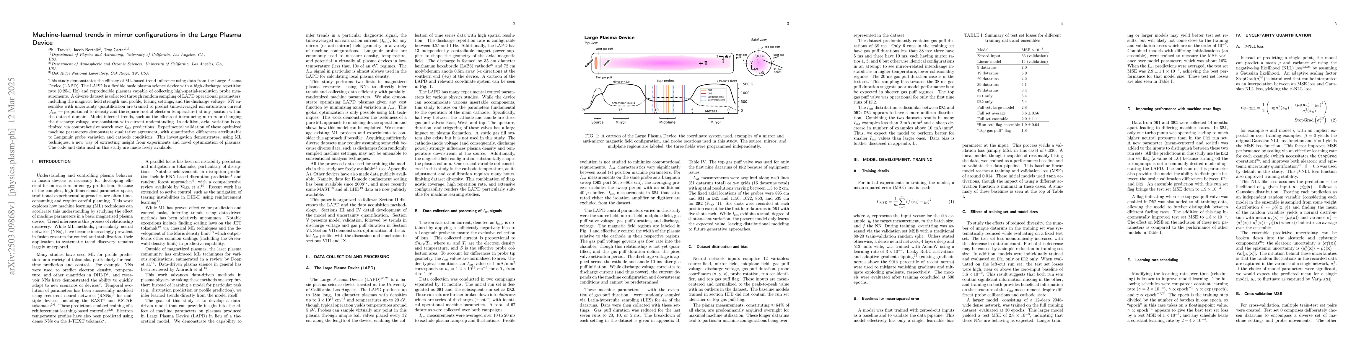 Thumbnail for Machine-learned trends in mirror configurations in the Large Plasma
  Device