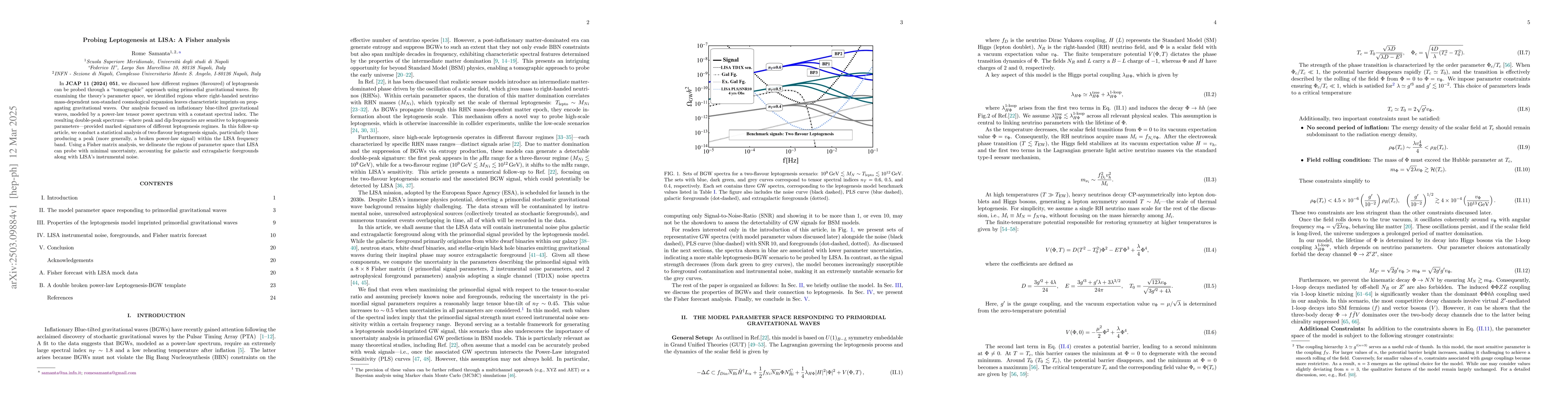 Thumbnail for Probing Leptogenesis at LISA: A Fisher analysis
