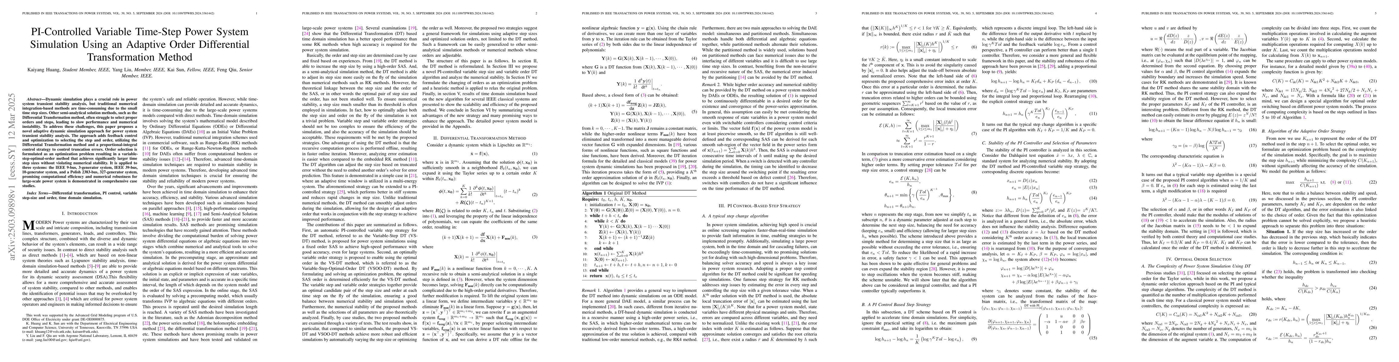Thumbnail for PI-Controlled Variable Time-Step Power System Simulation Using an
  Adaptive Order Differential Transformation Method