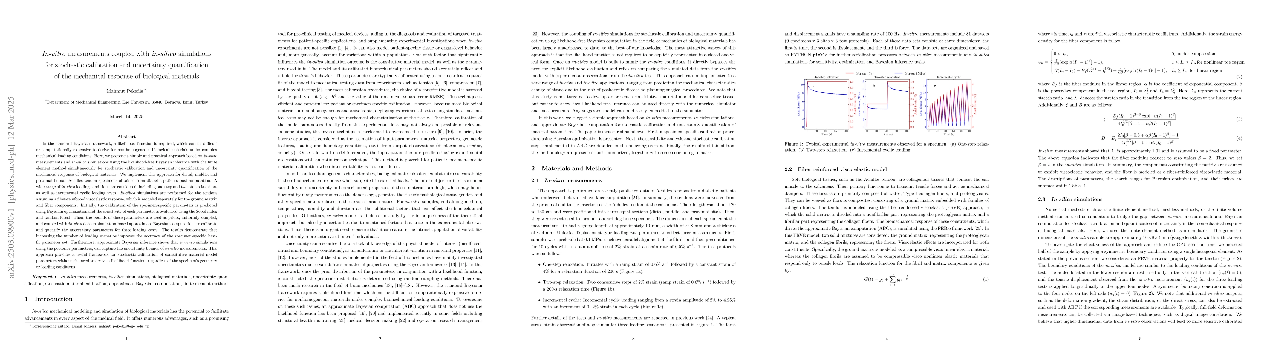 Thumbnail for In-vitro measurements coupled with in-silico simulations for stochastic
  calibration and uncertainty quantification of the mechanical response of
  biological materials