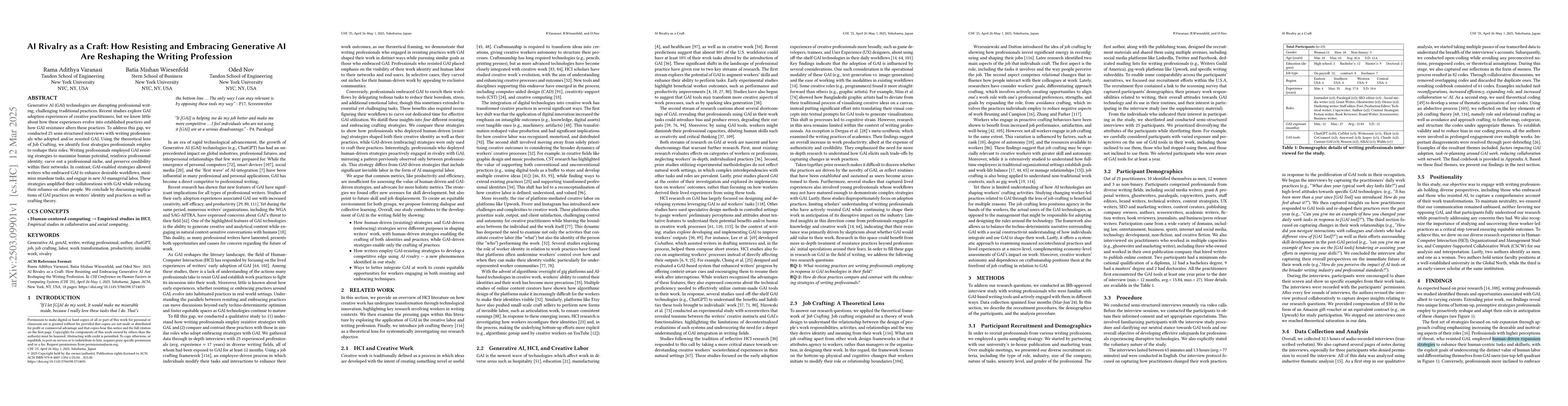 Thumbnail for AI Rivalry as a Craft: How Resisting and Embracing Generative AI Reshape
  Writing Professions