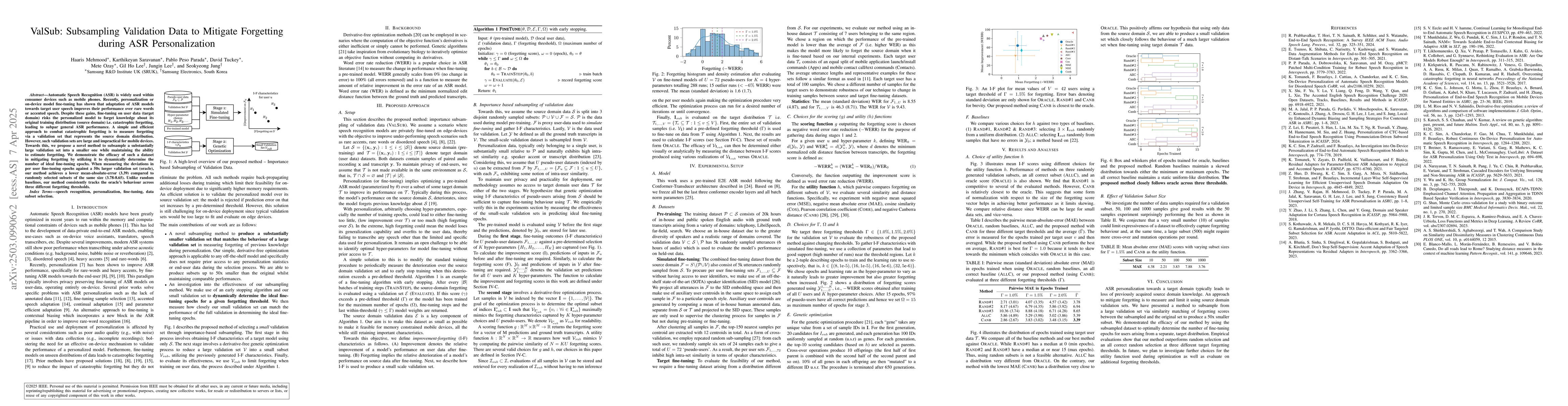 Thumbnail for ValSub: Subsampling Validation Data to Mitigate Forgetting during ASR
  Personalization