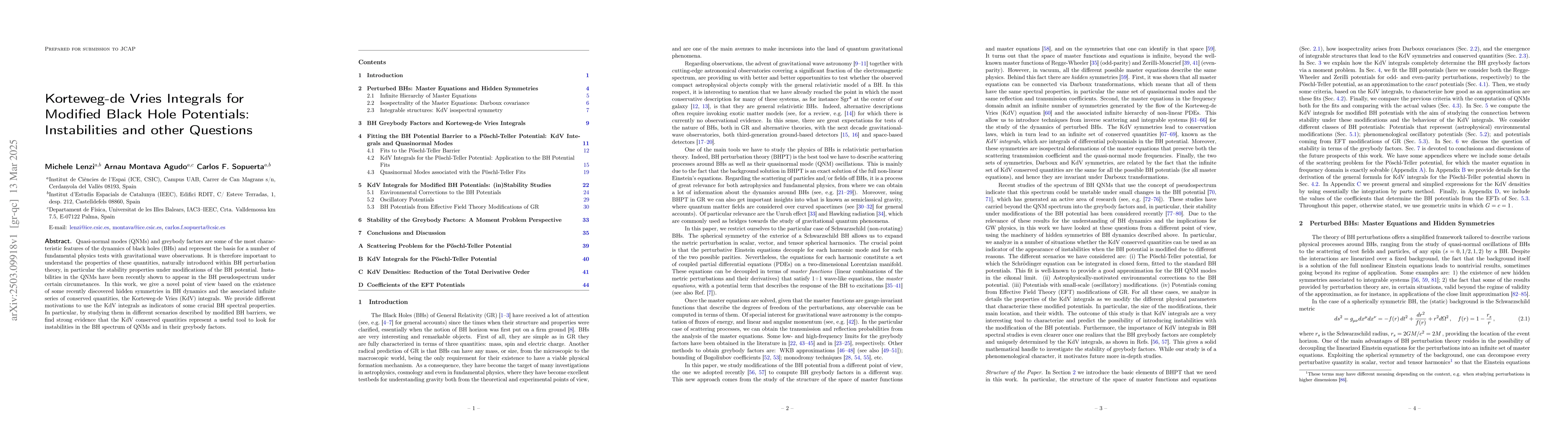 Thumbnail for Korteweg-de Vries Integrals for Modified Black Hole Potentials:
  Instabilities and other Questions