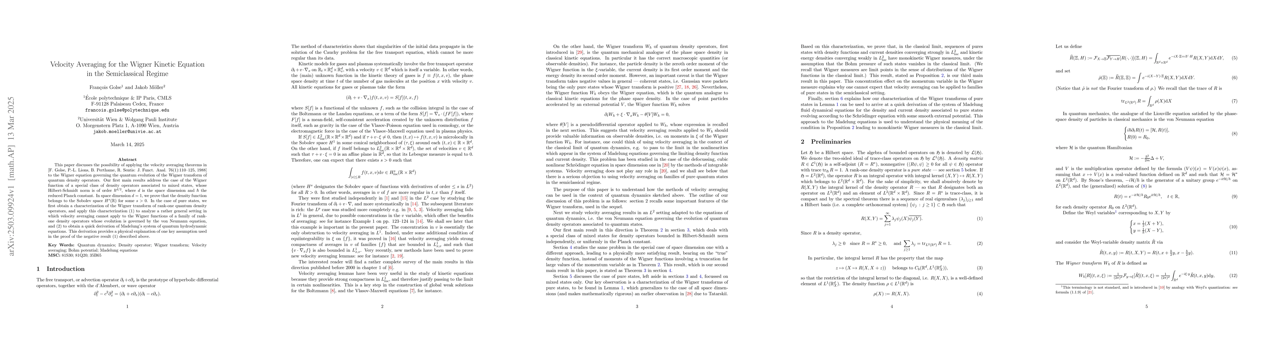 Thumbnail for Velocity Averaging for the Wigner Kinetic Equation in the Semiclassical
  Regime