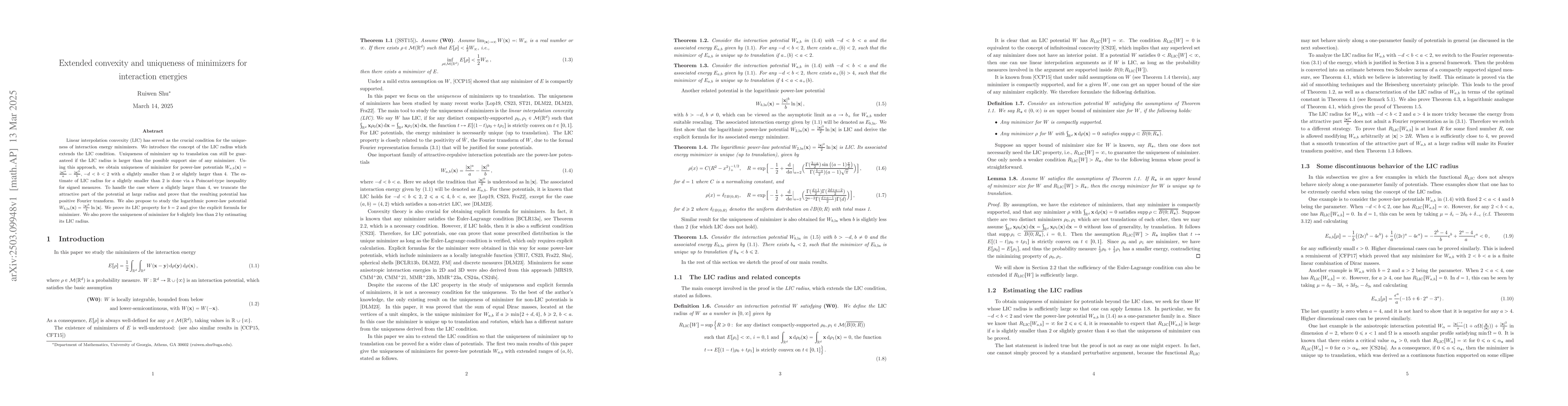 Thumbnail for Extended convexity and uniqueness of minimizers for interaction energies