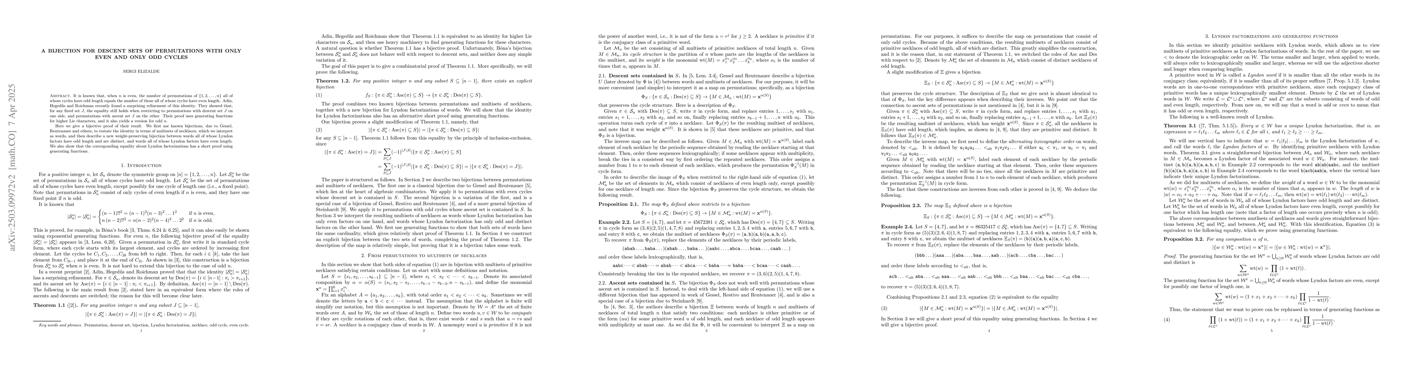 Thumbnail for A bijection for descent sets of permutations with only even and only odd
  cycles