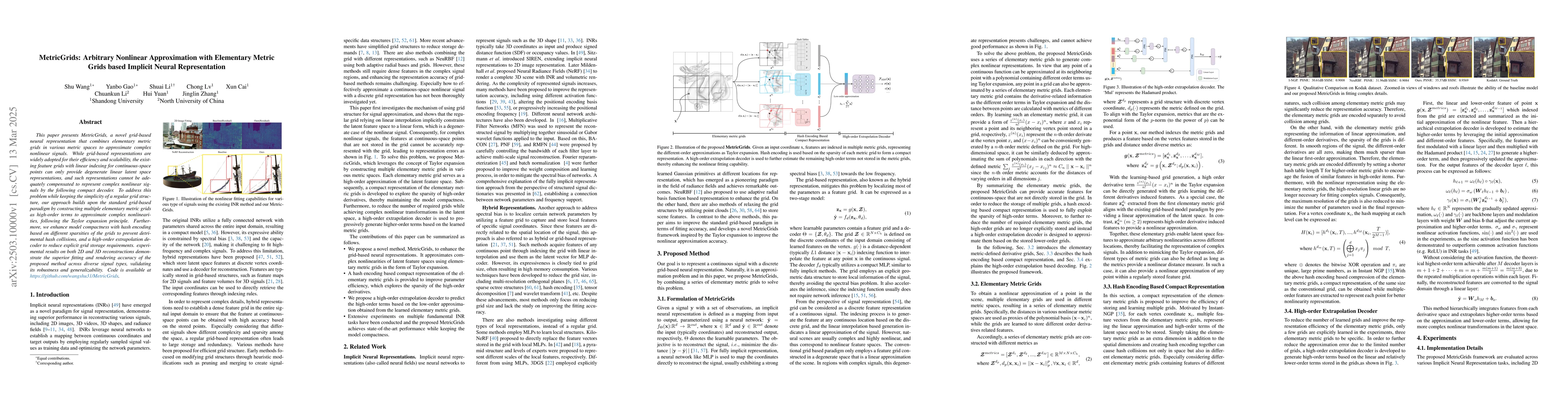 Thumbnail for MetricGrids: Arbitrary Nonlinear Approximation with Elementary Metric
  Grids based Implicit Neural Representation
