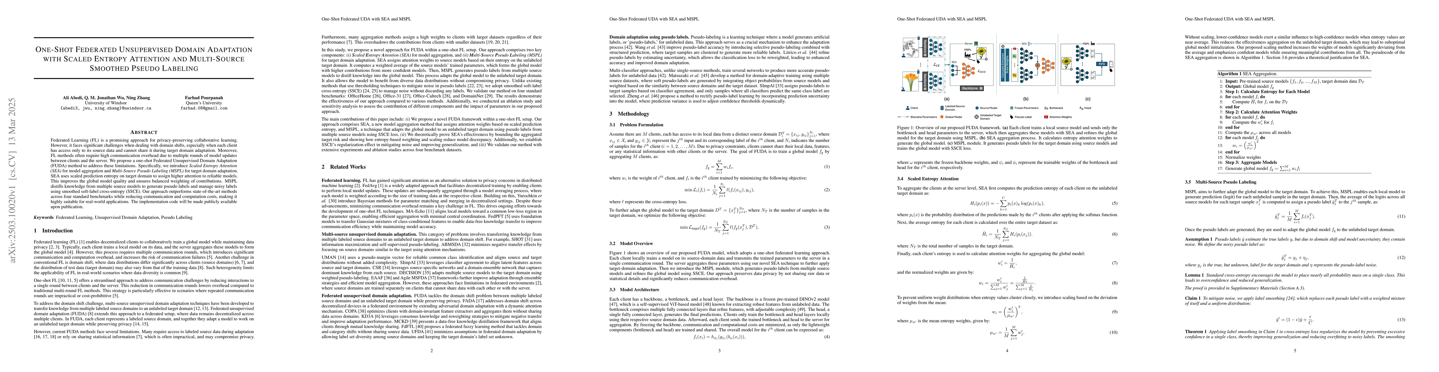 Thumbnail for One-Shot Federated Unsupervised Domain Adaptation with Scaled Entropy
  Attention and Multi-Source Smoothed Pseudo Labeling
