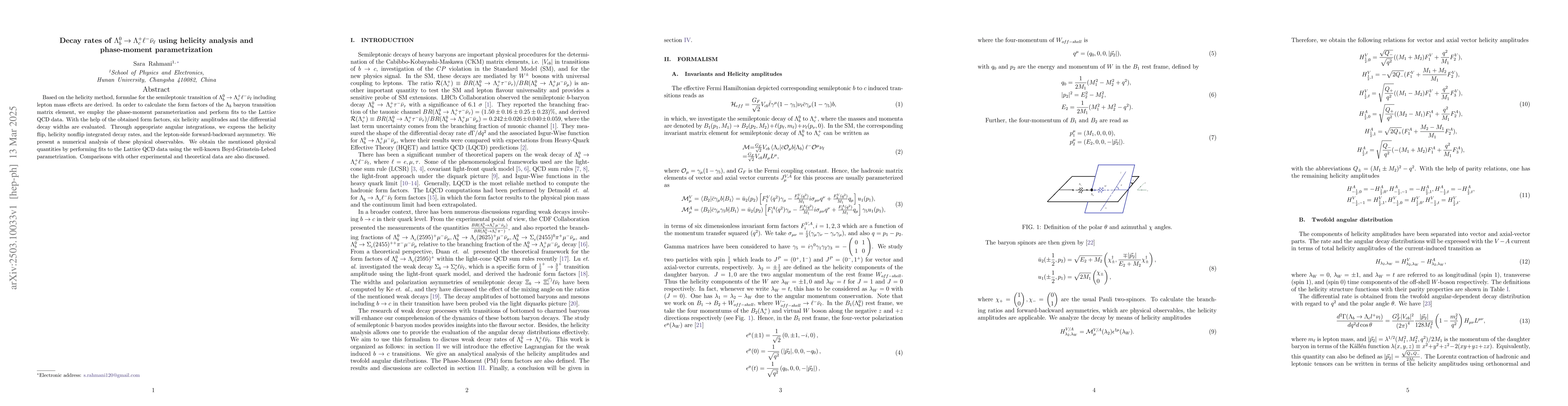 Thumbnail for Decay rates of $Λ_b^0 \to Λ_c^+ \ell^- \barν_\ell$ using
  helicity analysis and phase-moment parametrization