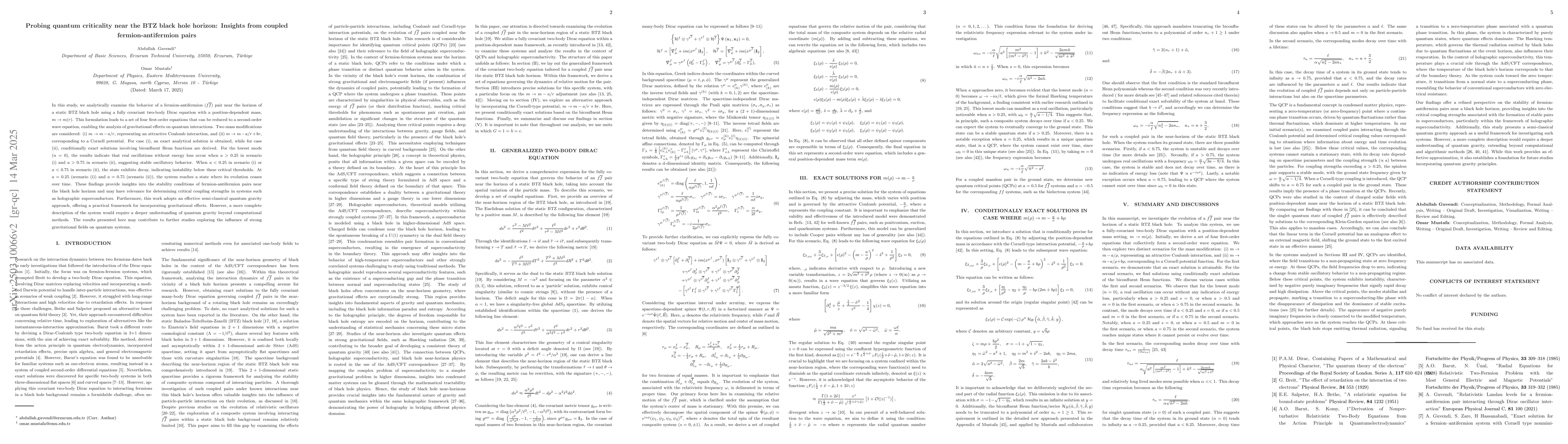 Thumbnail for Probing quantum criticality near the BTZ black hole horizon: Insights
  from coupled fermion-antifermion pairs