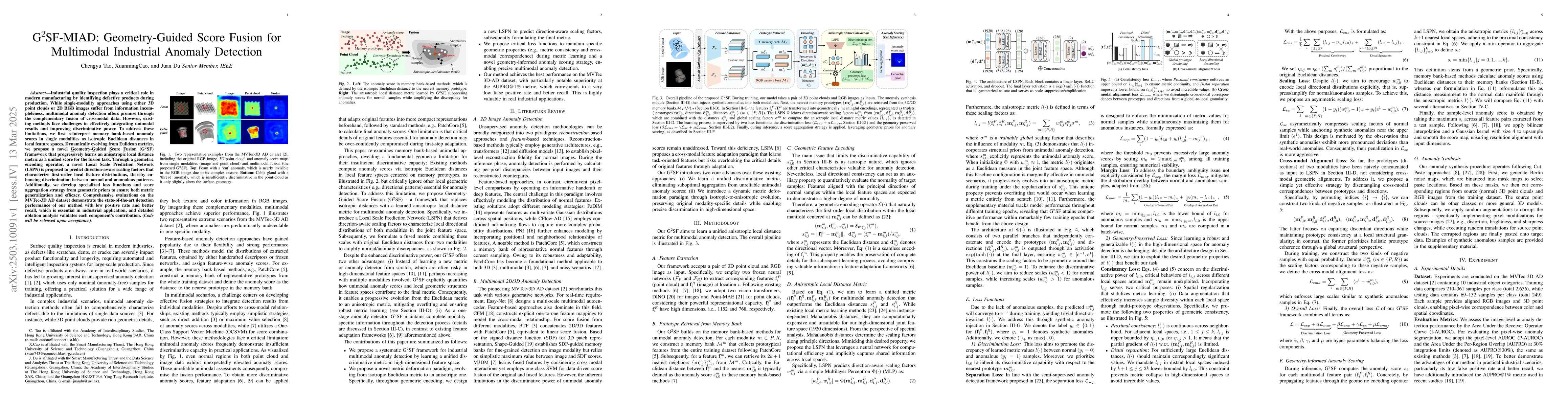 Thumbnail for G$^{2}$SF-MIAD: Geometry-Guided Score Fusion for Multimodal Industrial
  Anomaly Detection