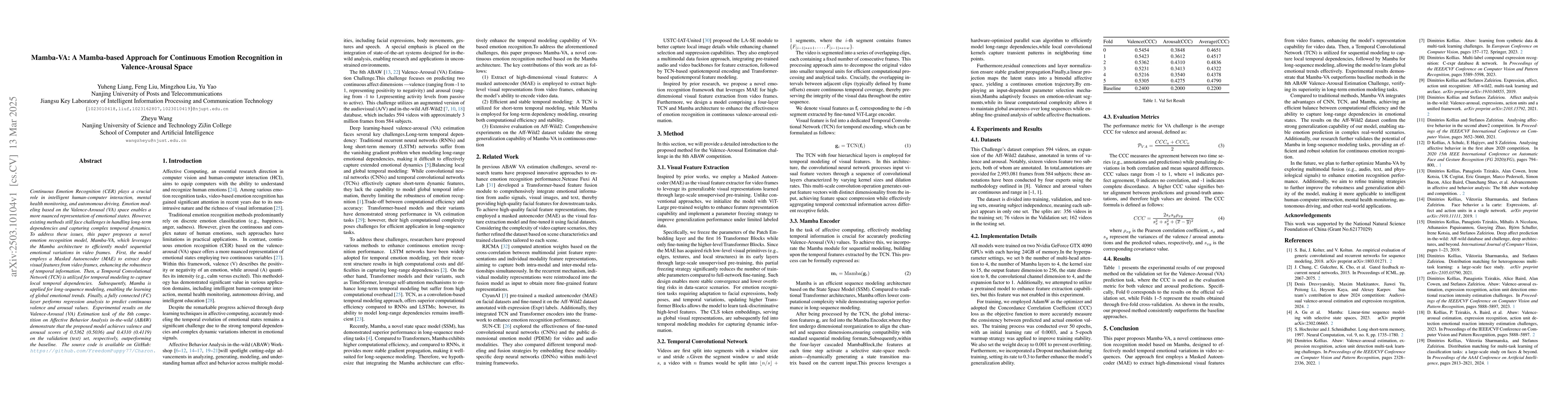 Thumbnail for Mamba-VA: A Mamba-based Approach for Continuous Emotion Recognition in
  Valence-Arousal Space